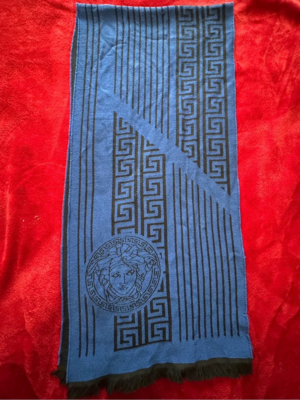 Versace Scarf Blue Black Wool Signature Medusa